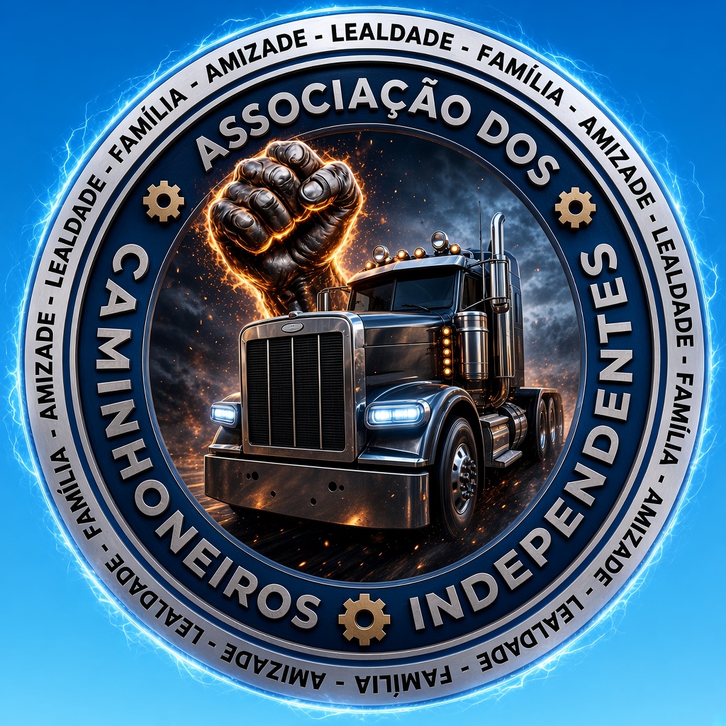 Emblema da Associação dos Caminhoneiros Independentes do Brasil sobre fundo azul-celeste