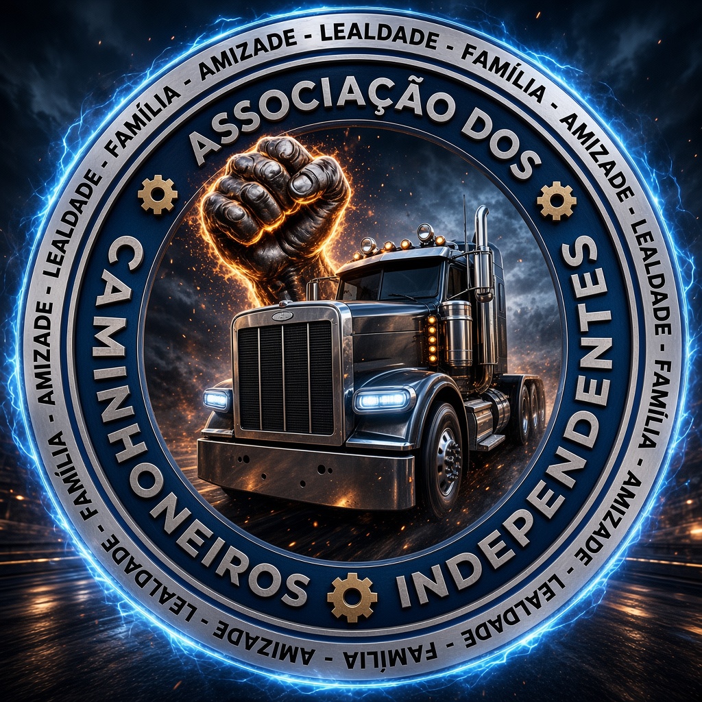 Emblema da Associação dos Caminhoneiros Independentes do Brasil sobre estrada escura iluminada