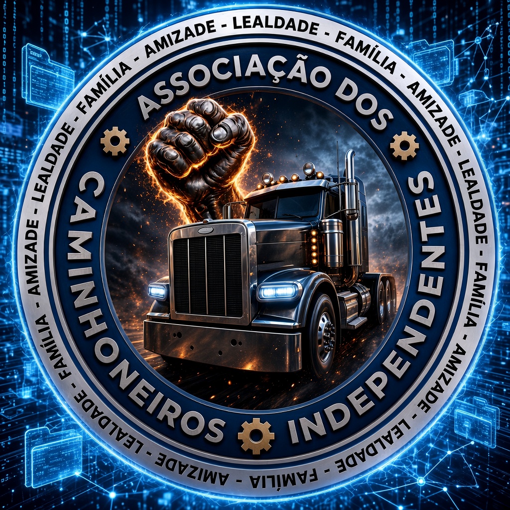 Emblema da Associação dos Caminhoneiros Independentes do Brasil com fundo tecnológico azul