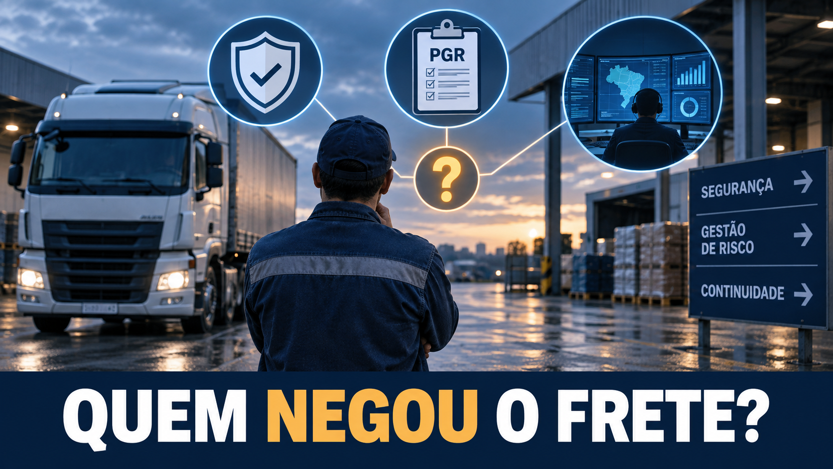 Imagem ilustrativa de caminhoneiro não identificável diante de caminhão e três símbolos ligados a seguro, PGR e análise de risco