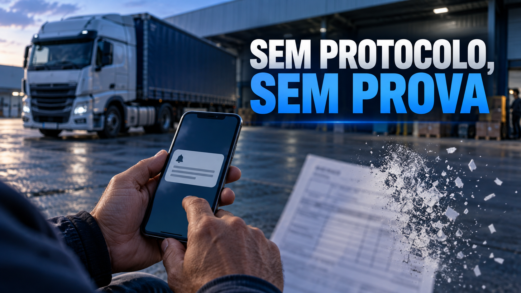 Imagem ilustrativa de mãos não identificáveis segurando celular diante de caminhão em pátio, com documento de frete se desfazendo
