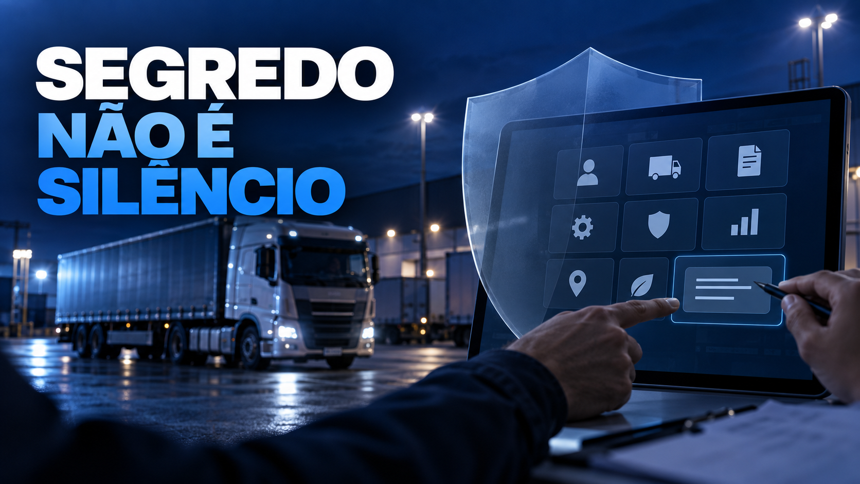 Imagem ilustrativa de caminhão em pátio e tela abstrata de análise de risco protegida por escudo translúcido