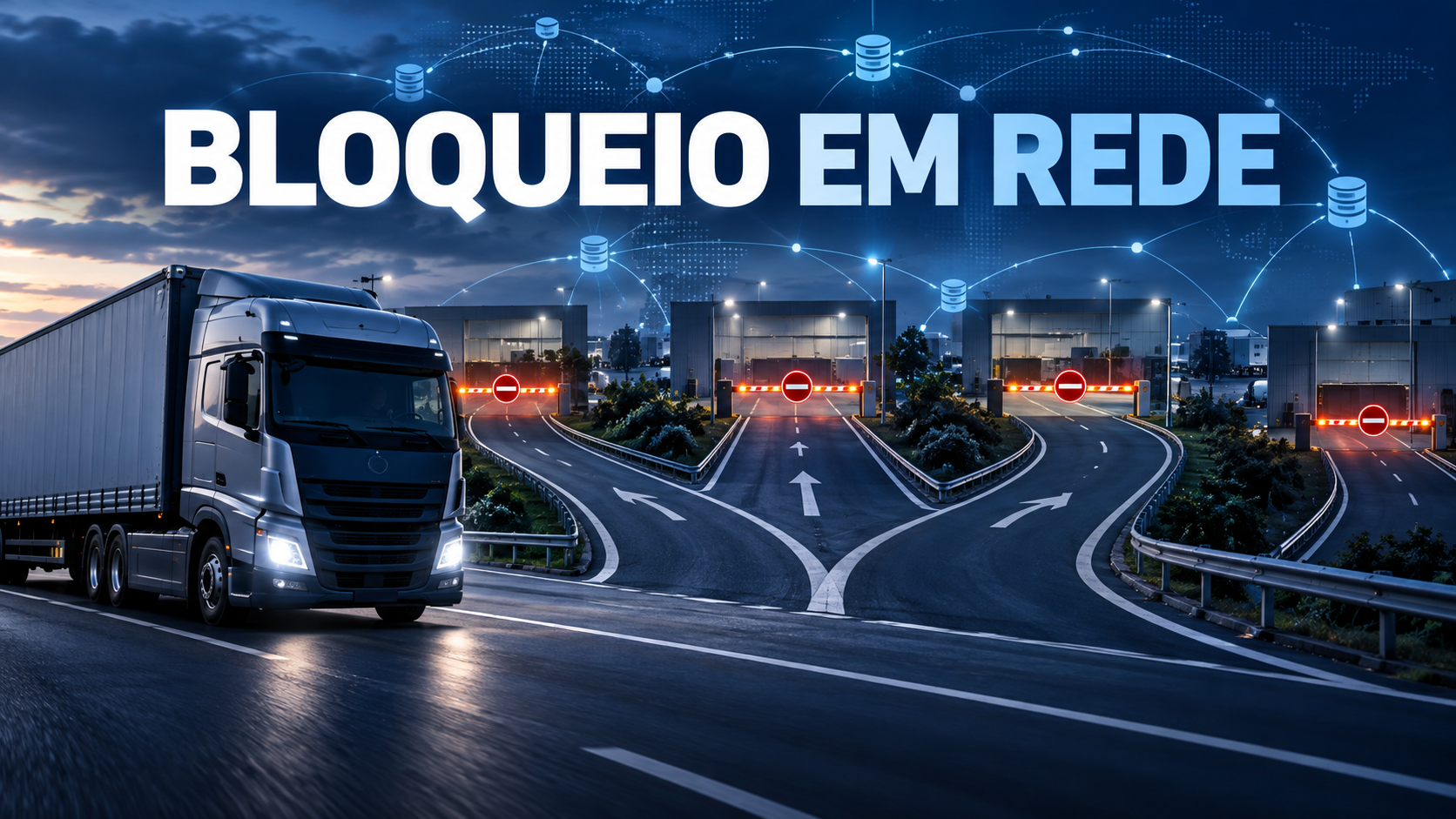 Imagem ilustrativa de caminhão diante de rotas conectadas e vários portões bloqueados em uma rede digital