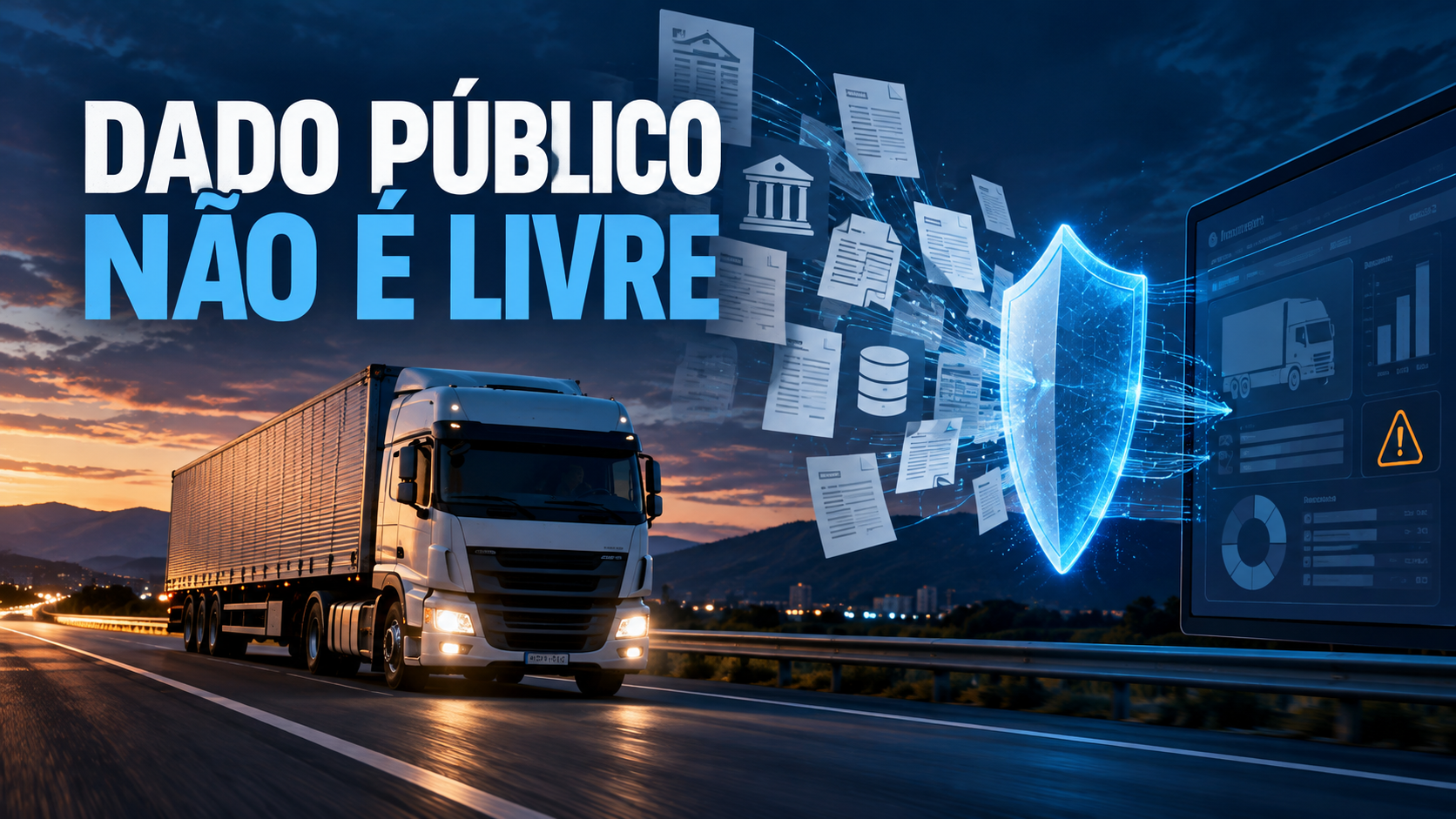 Imagem ilustrativa de caminhão diante de registros públicos e um escudo de privacidade em composição editorial azul