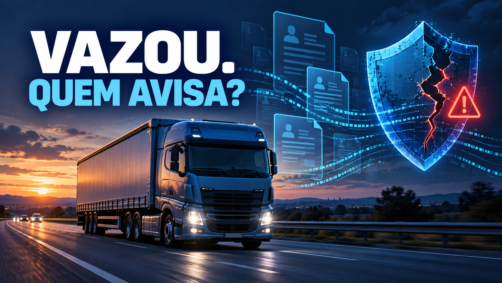 Imagem ilustrativa de caminhão, arquivos digitais e escudo de dados com alerta de segurança